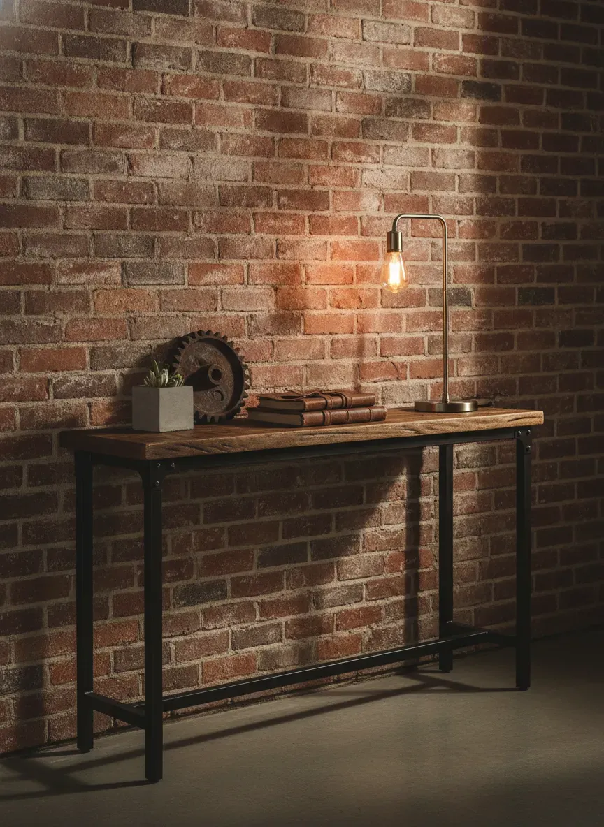An industrial narrow console table with wood and metal elements against a brick wall