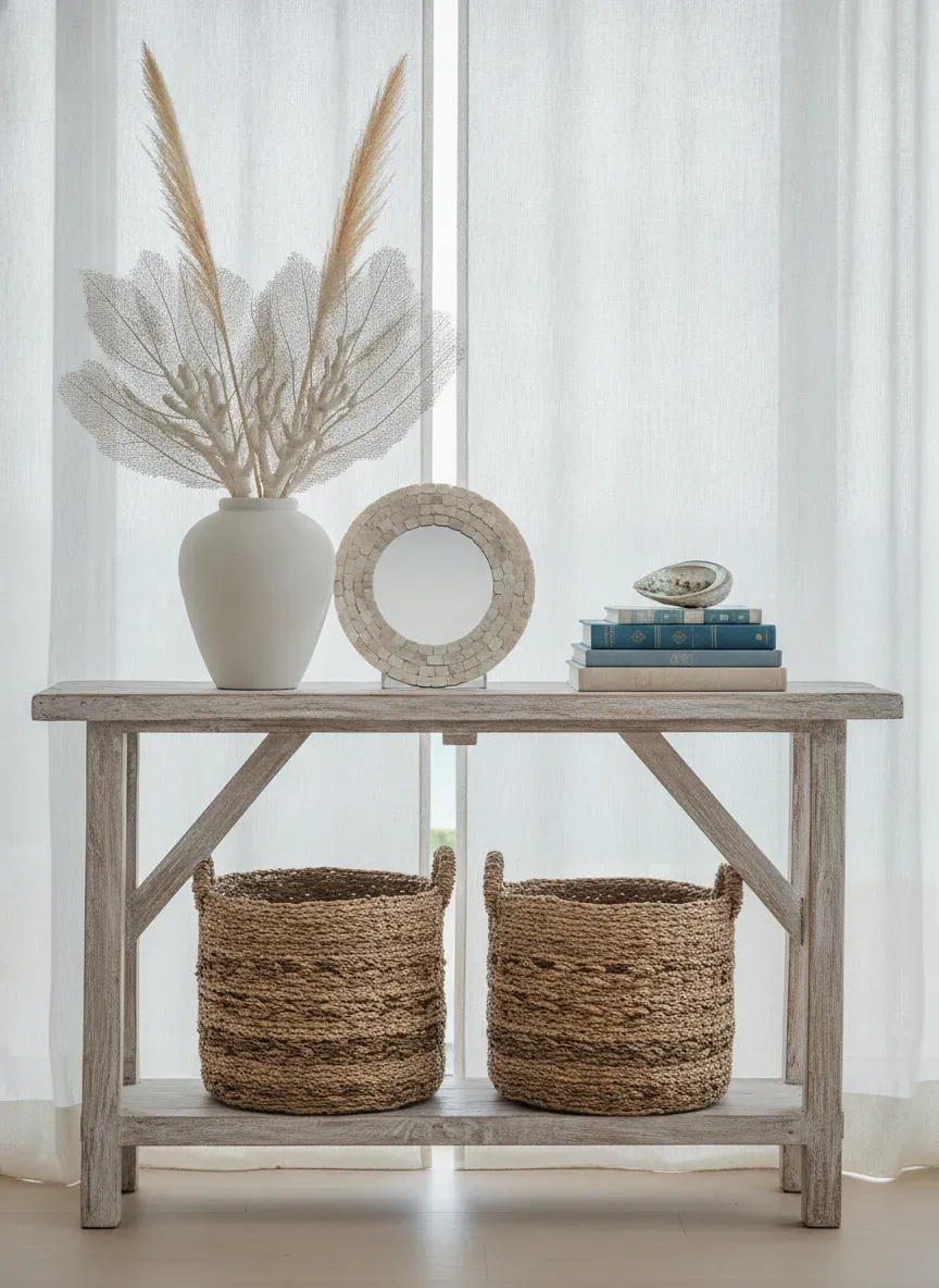 A coastal-themed narrow console table featuring woven baskets on the bottom shelf