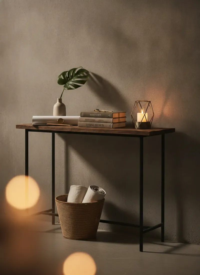 An elegant narrow entryway console table showcasing slim dimensions and minimalist styling