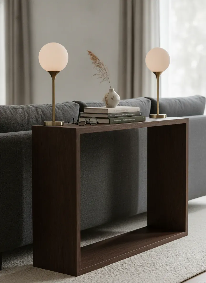 Narrow console table styled behind a modern sofa with lamps and books