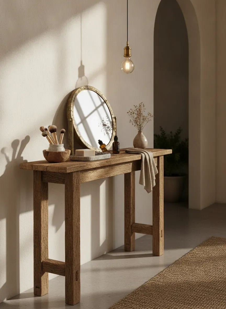 A rustic narrow console table placed in a hallway featuring a vanity setup