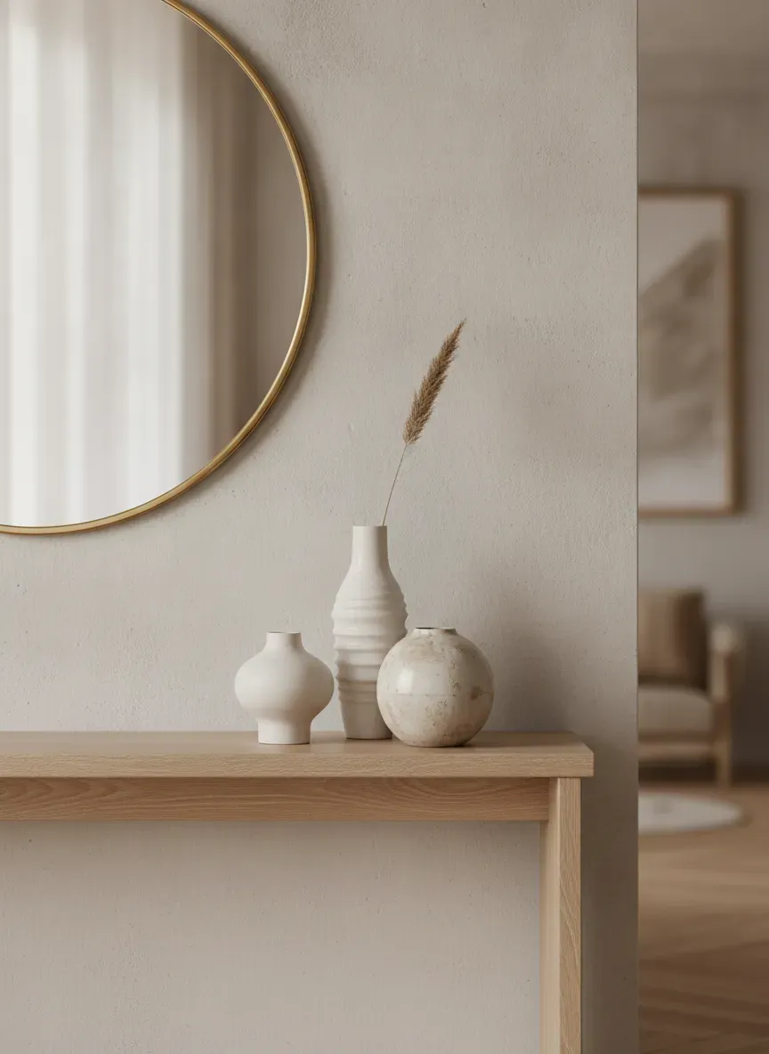 Minimalist console table decorated with ceramic vases and a round mirror