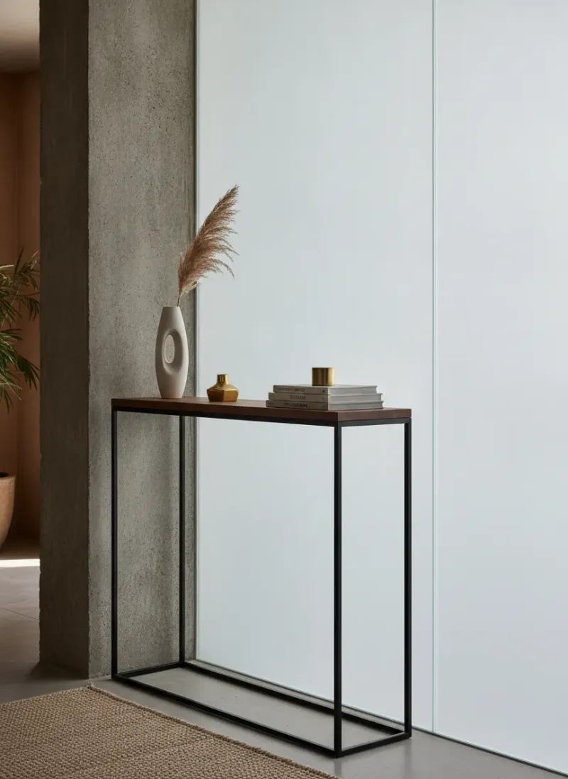 Professional interior design visualization of a beautifully styled narrow console table