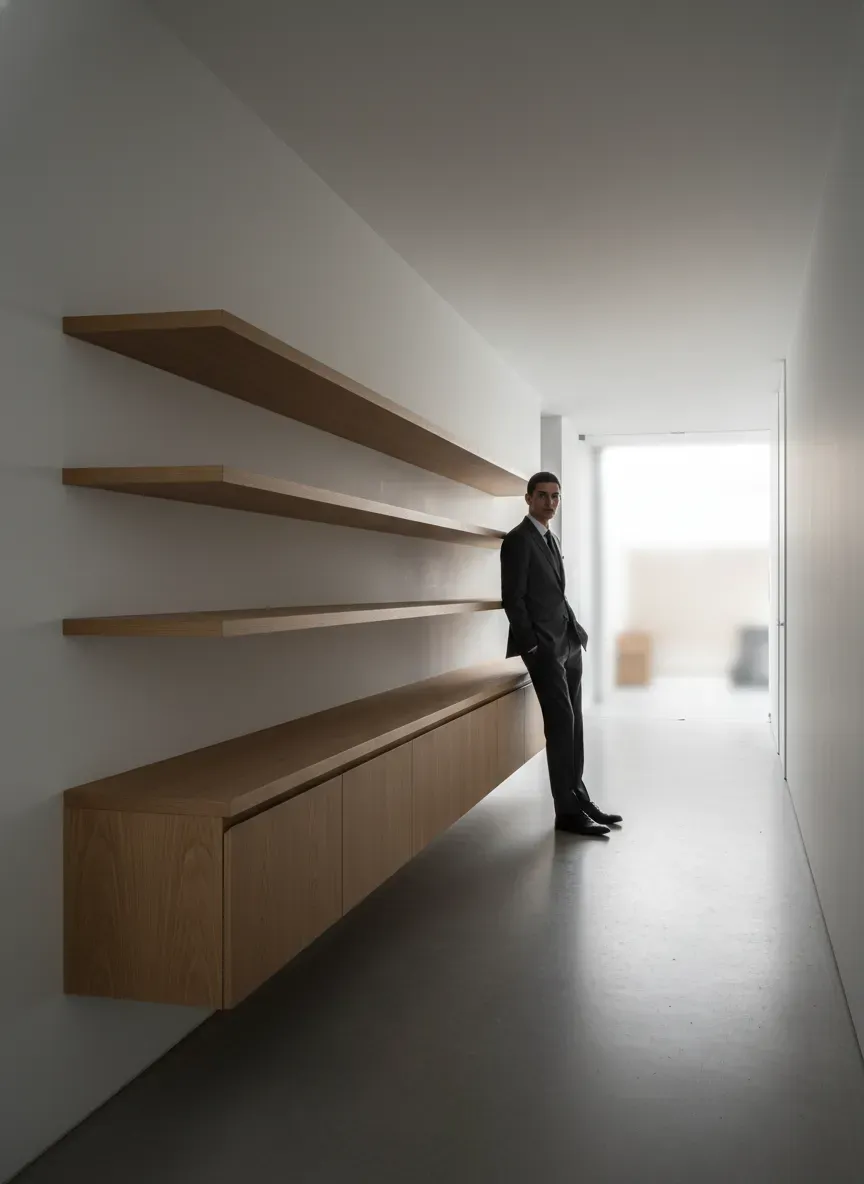 A sleek, modern narrow hallway featuring floating wooden shelves and cabinets, keeping the floor visible and uncluttered.