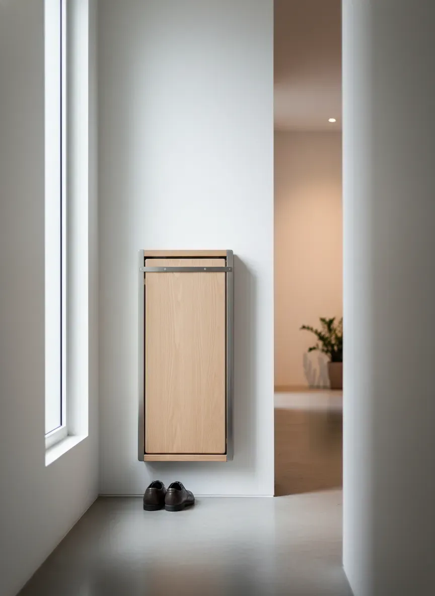 A fold-down wall-mounted seat in a narrow hallway, demonstrating space-saving functionality.