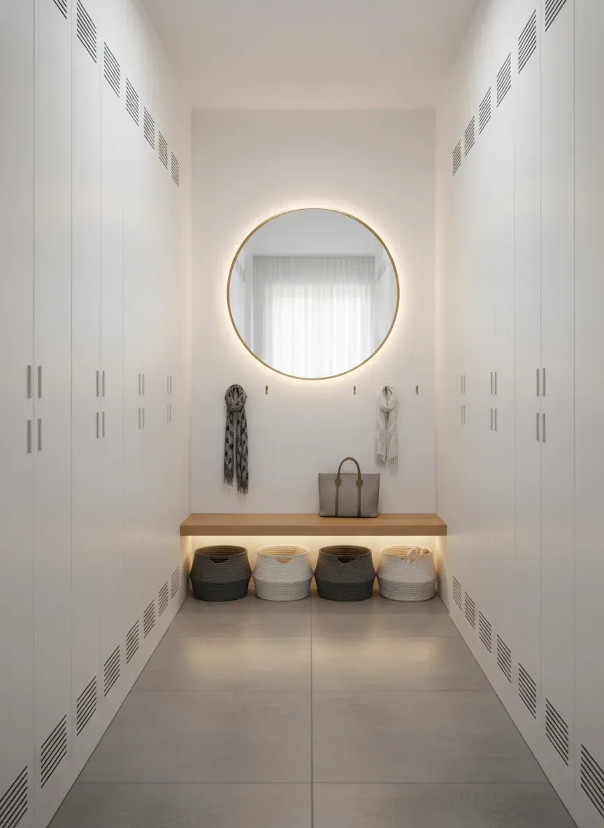 Sleek, narrow hallway mudroom with shallow white lockers and a floating wooden bench