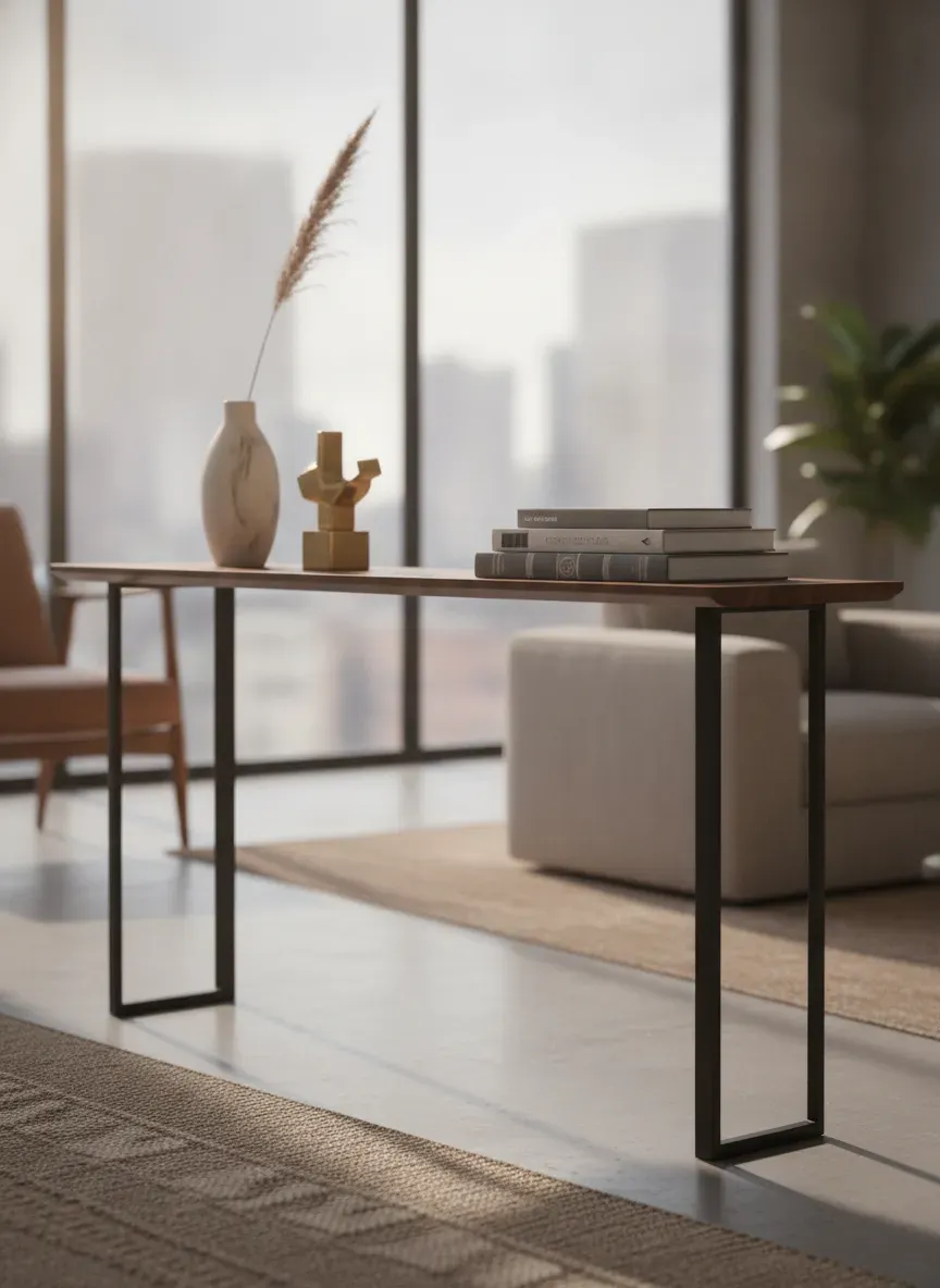 Sleek slim console table styling with minimal decor elements