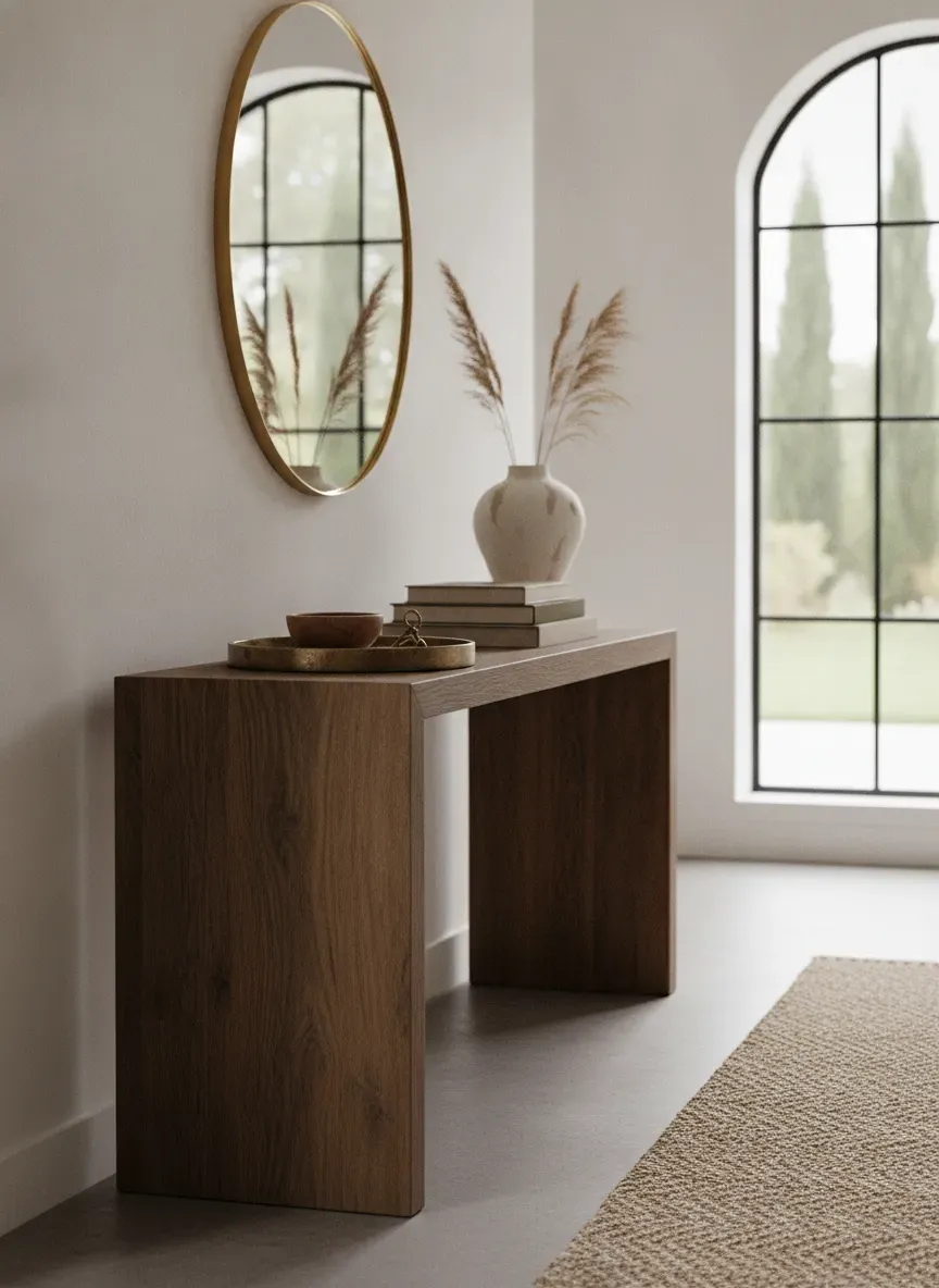 Standard wood console table in a spacious entryway