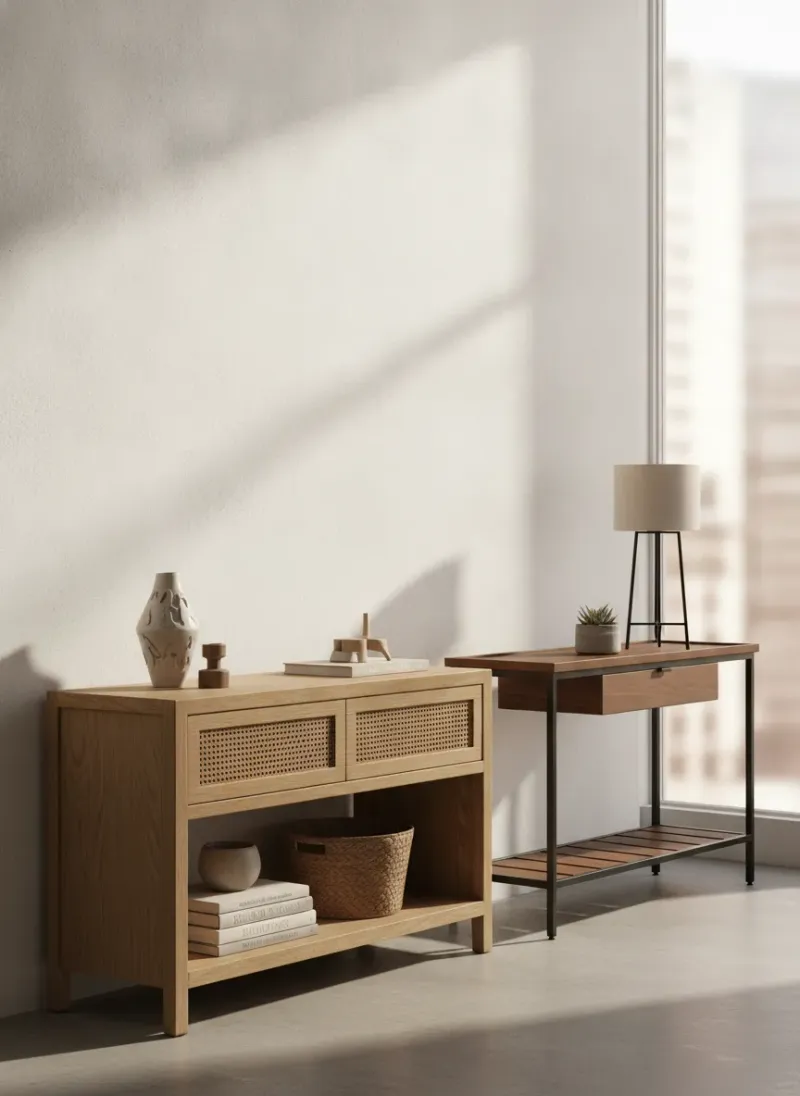 A beautifully styled entryway featuring a slim console table alongside modern decor elements