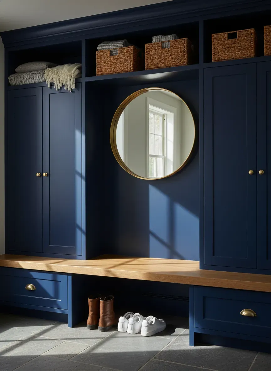 Bespoke navy blue mudroom cubbies featuring brass hardware and natural wood bench