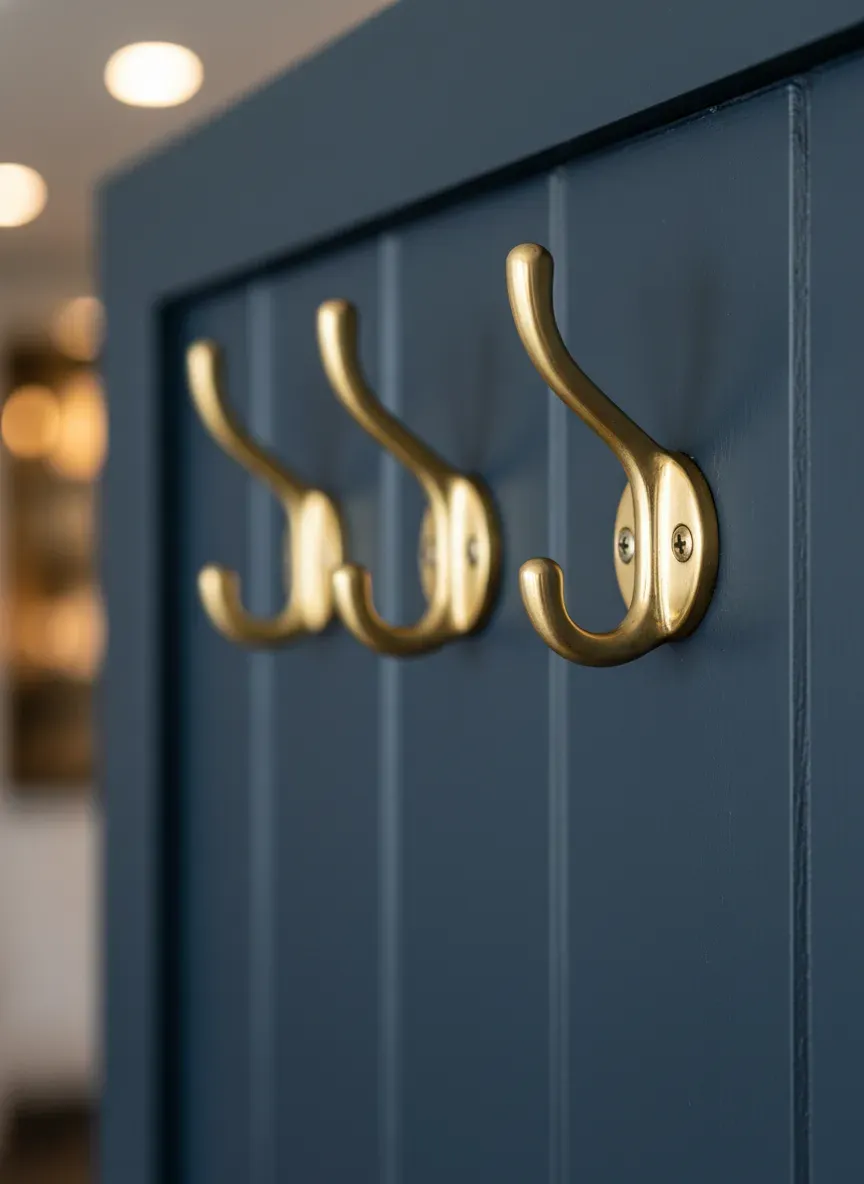 Close up of unlacquered brass coat hooks against a dark navy blue beadboard backdrop