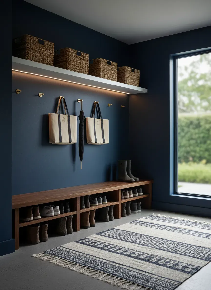 Well-lit navy mudroom showing a practical drop zone hierarchy with upper baskets and lower shoe storage
