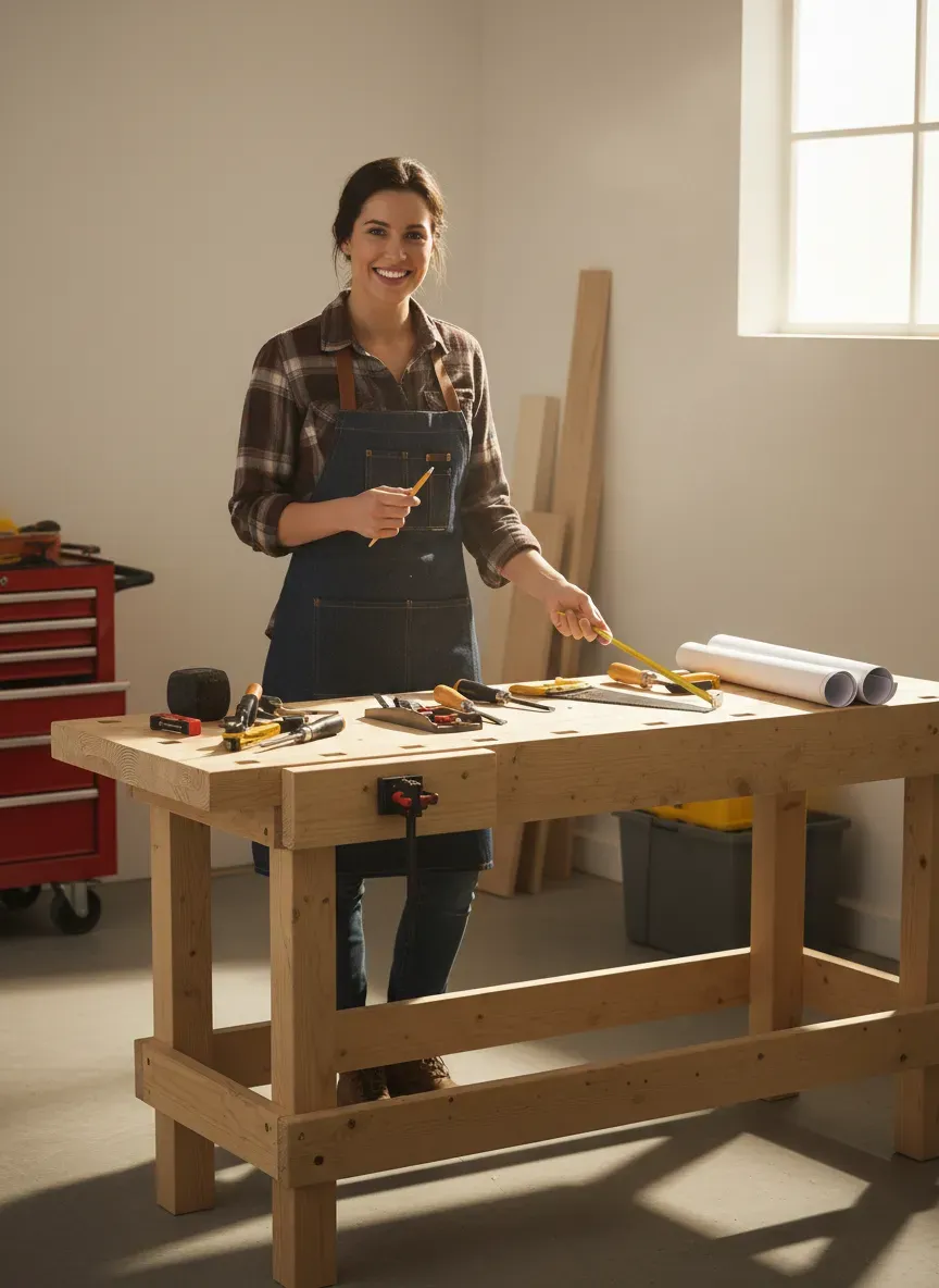 Beginner friendly woodworking bench project laid out in a basic garage shop