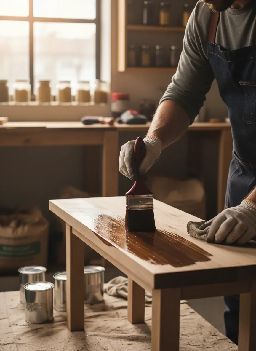 Applying a dark walnut stain to a freshly sanded wooden bench seat
