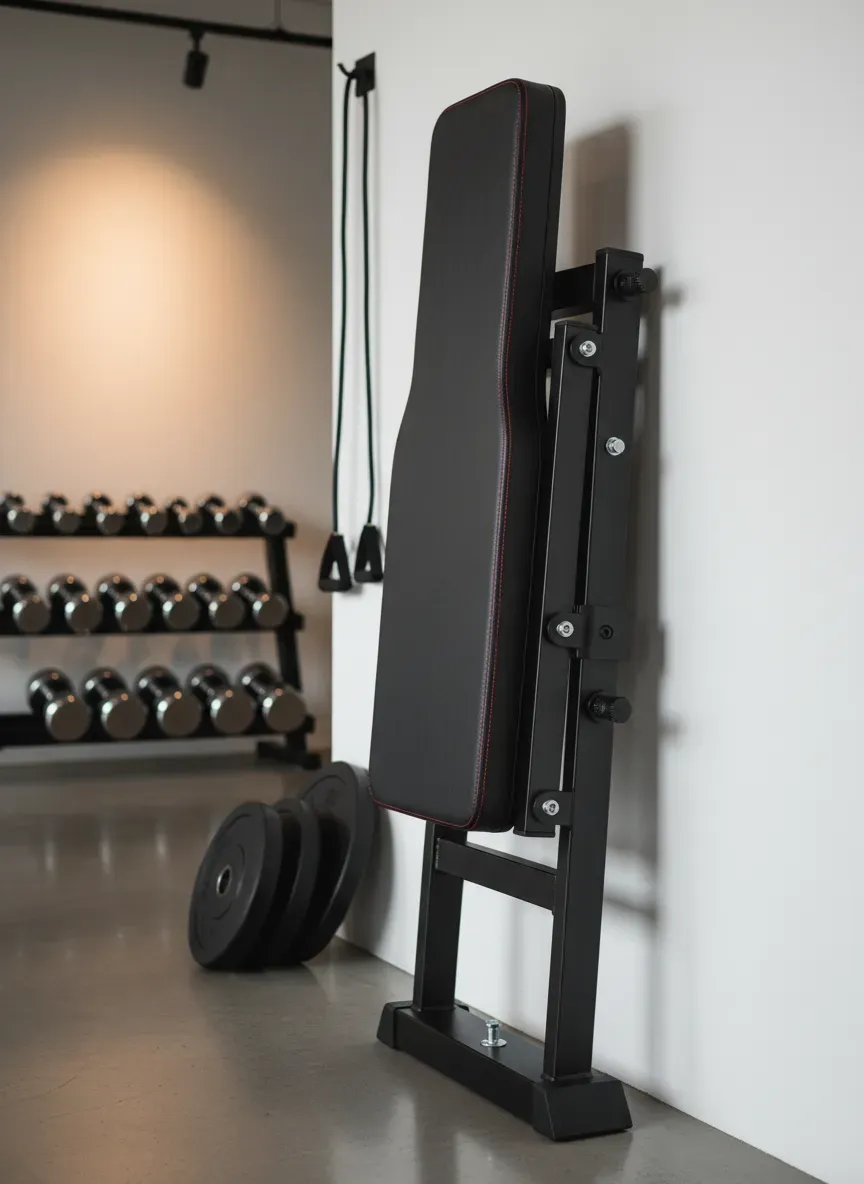 A heavy-duty folding bench stored vertically in a modern garage gym