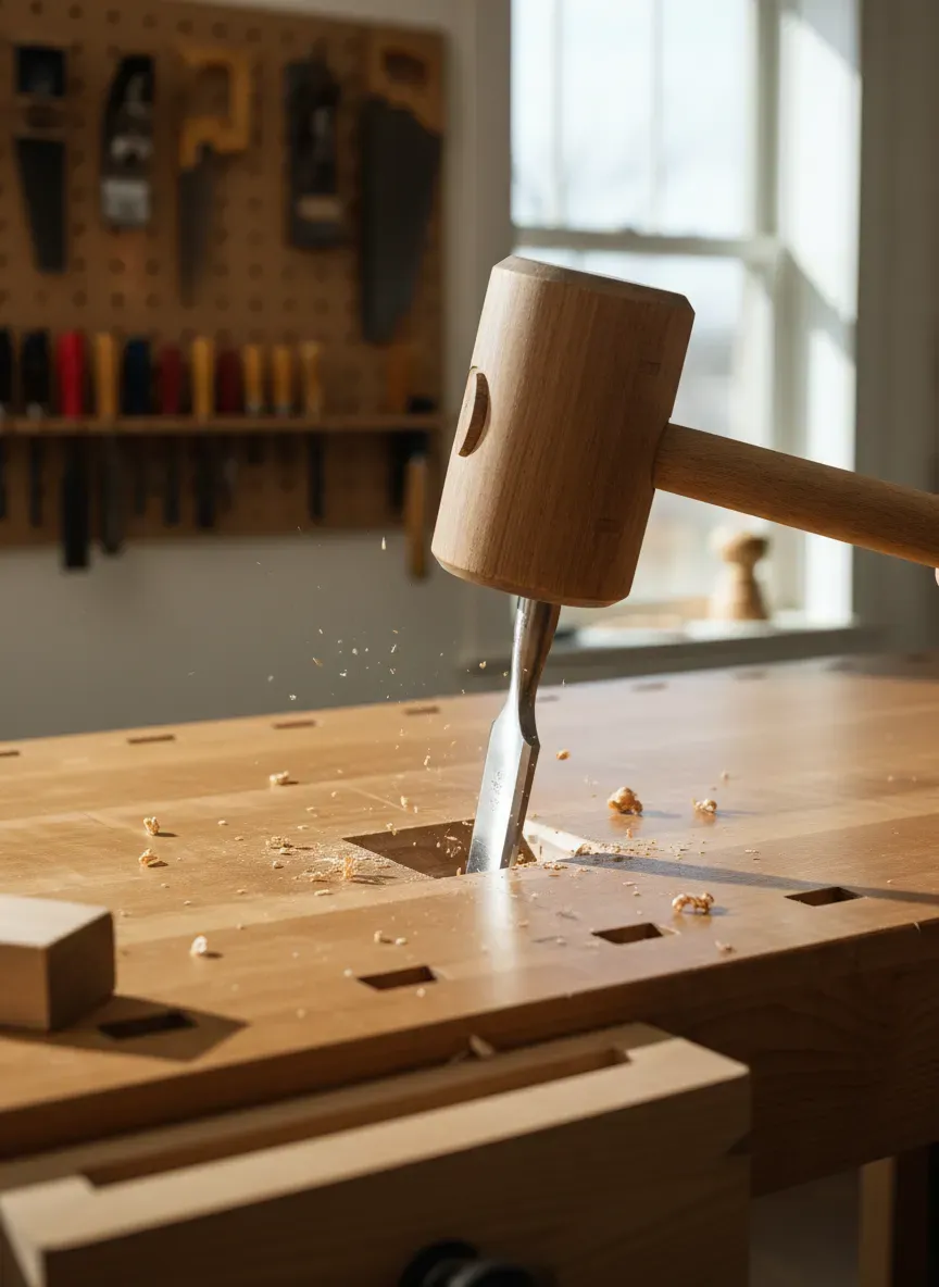 Woodworker using a heavy mallet and framing chisel to chop a deep mortise in a maple workbench top