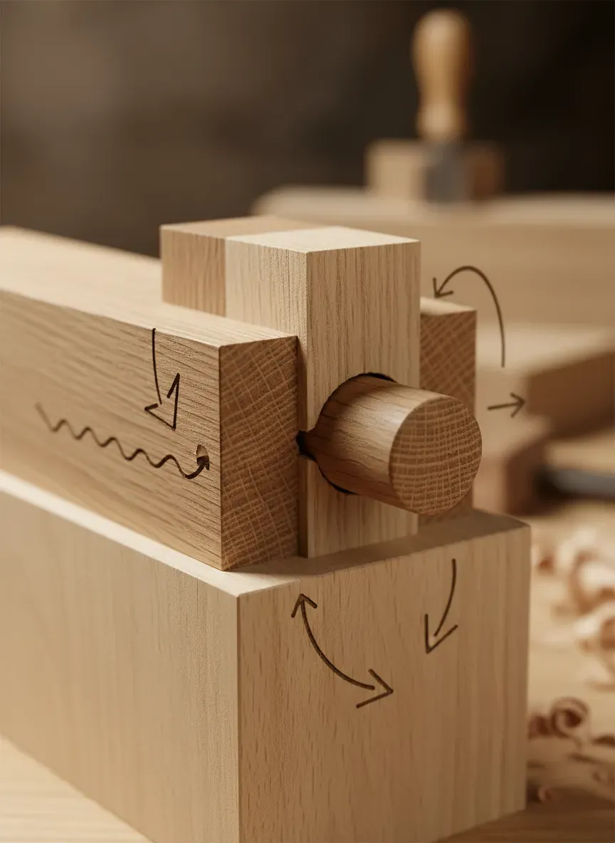 Diagram showing the cross-section of a drawbored mortise and tenon joint with the peg offsetting wood movement
