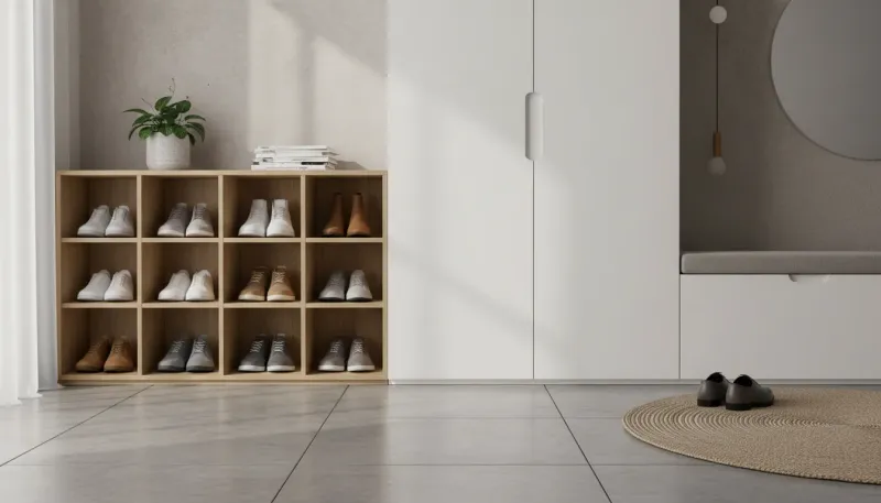 A split view comparison of a stylish open shoe rack with organized sneakers versus a sleek closed wooden shoe cabinet in a modern entryway.