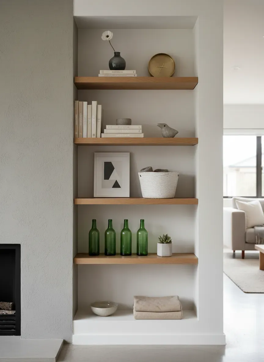 A perfectly organized chimney breast alcove with floating shelves