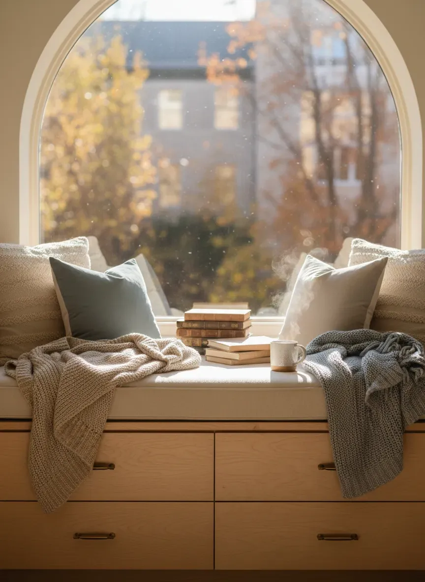Cozy dormer window seat with drawer storage underneath