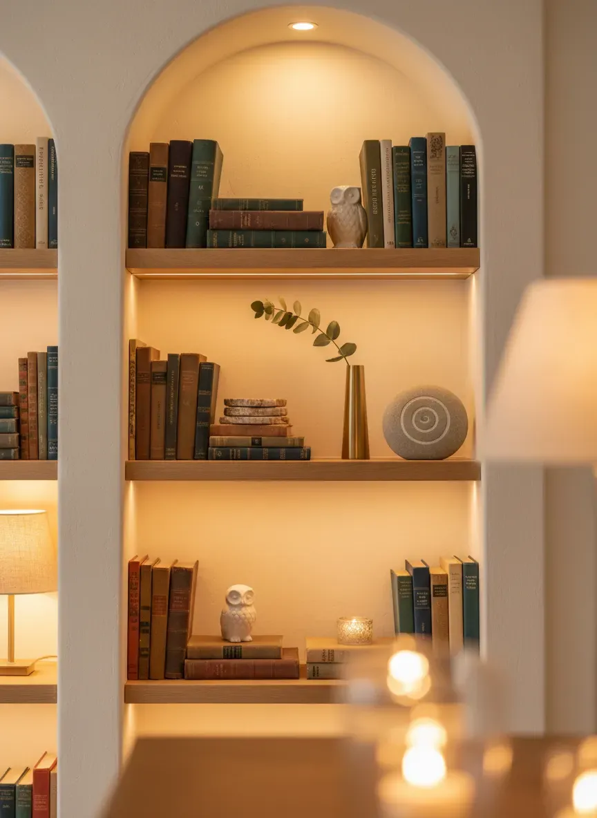 Warmly lit alcove featuring books and decor