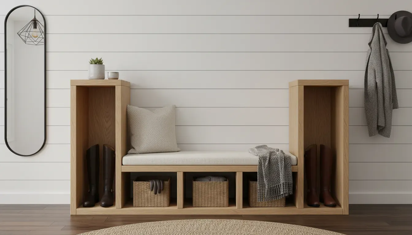 A stylish wooden entryway bench with tall cubbies specifically designed for riding boots