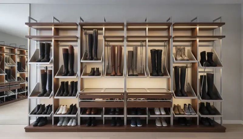A organized mudroom featuring specialized tall boot racks made of dark wood and metal