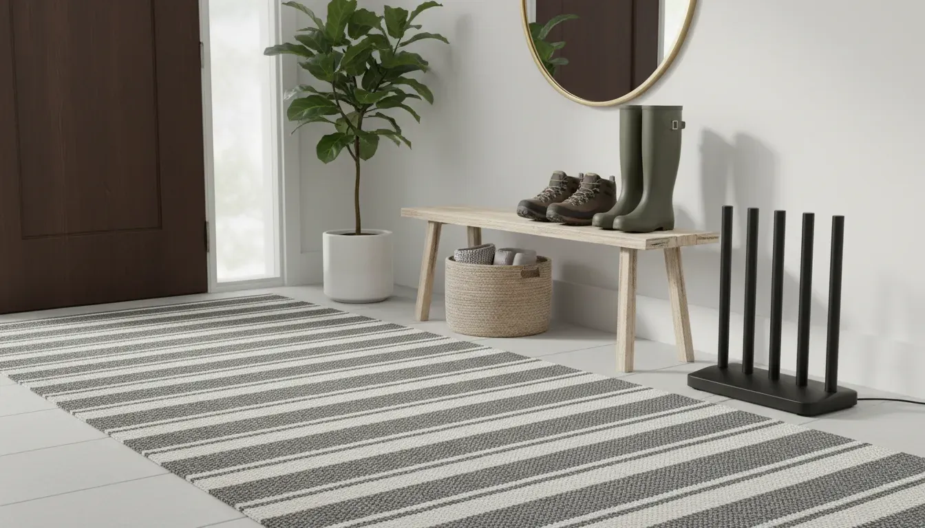 A stylish entryway featuring a durable synthetic runner rug and a sleek boot dryer tucked discreetly into a corner.