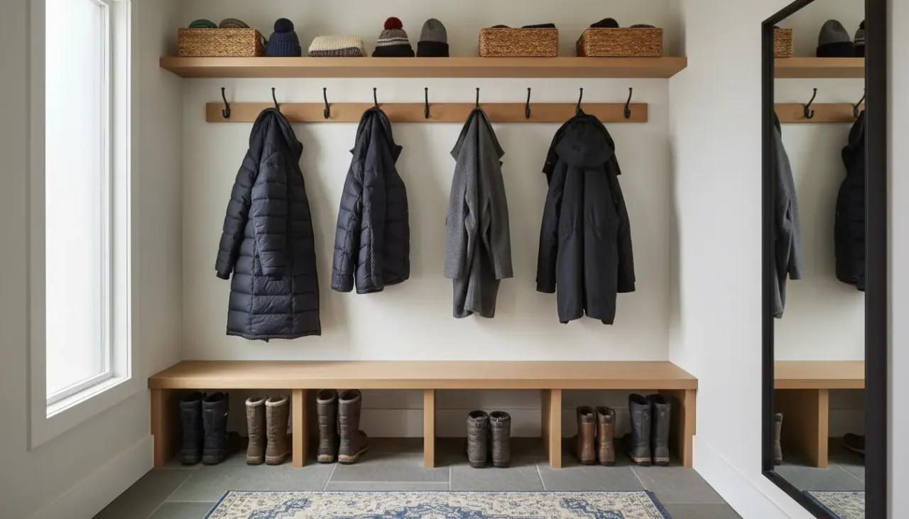 A pristine, well-organized entryway featuring a wooden bench, wall-mounted coat hooks holding winter jackets, and neat boot storage.