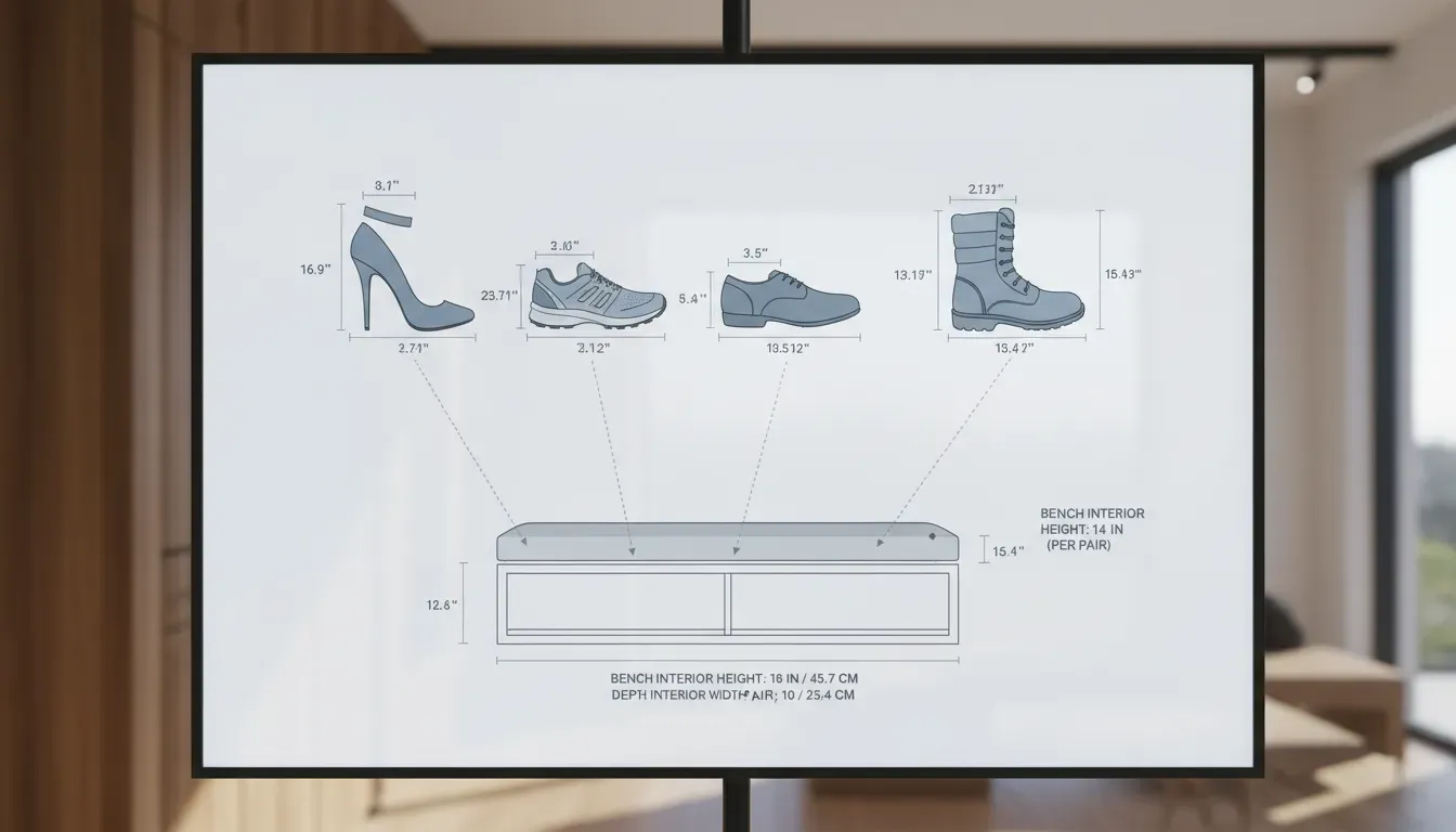 Detailed diagram showing measurements of different shoe types compared to standard bench interior dimensions