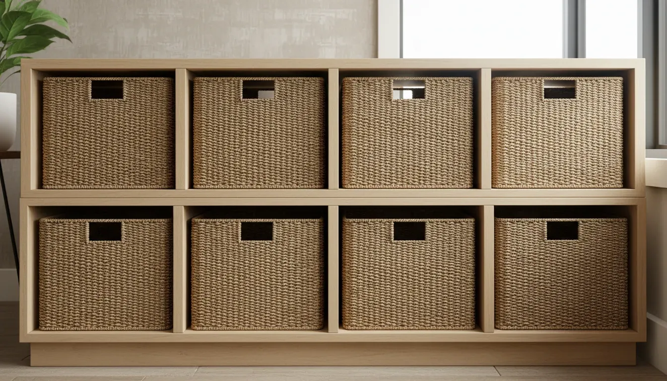 A neat row of matching wicker baskets inside a wooden bench cubby system