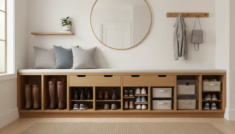 A pristine, well-organized white entryway bench featuring wicker baskets and neatly arranged leather boots