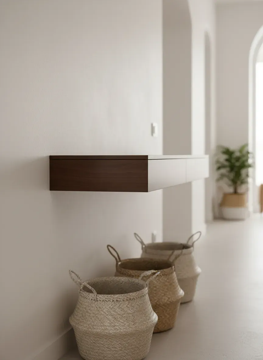 A sleek floating console table in a narrow hallway with storage baskets underneath