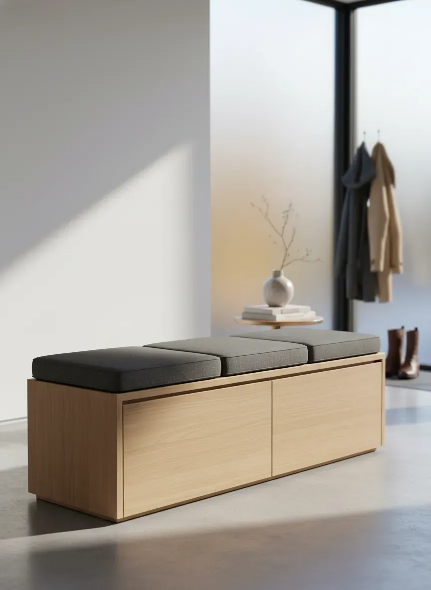 A multifunctional entryway bench with hidden storage and soft cushions