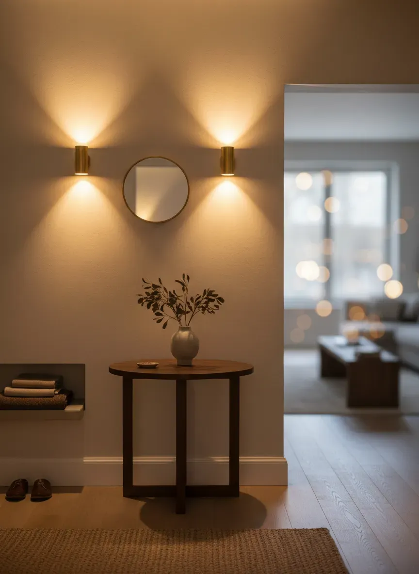 Warm lighting sconces illuminating a small, organized entryway