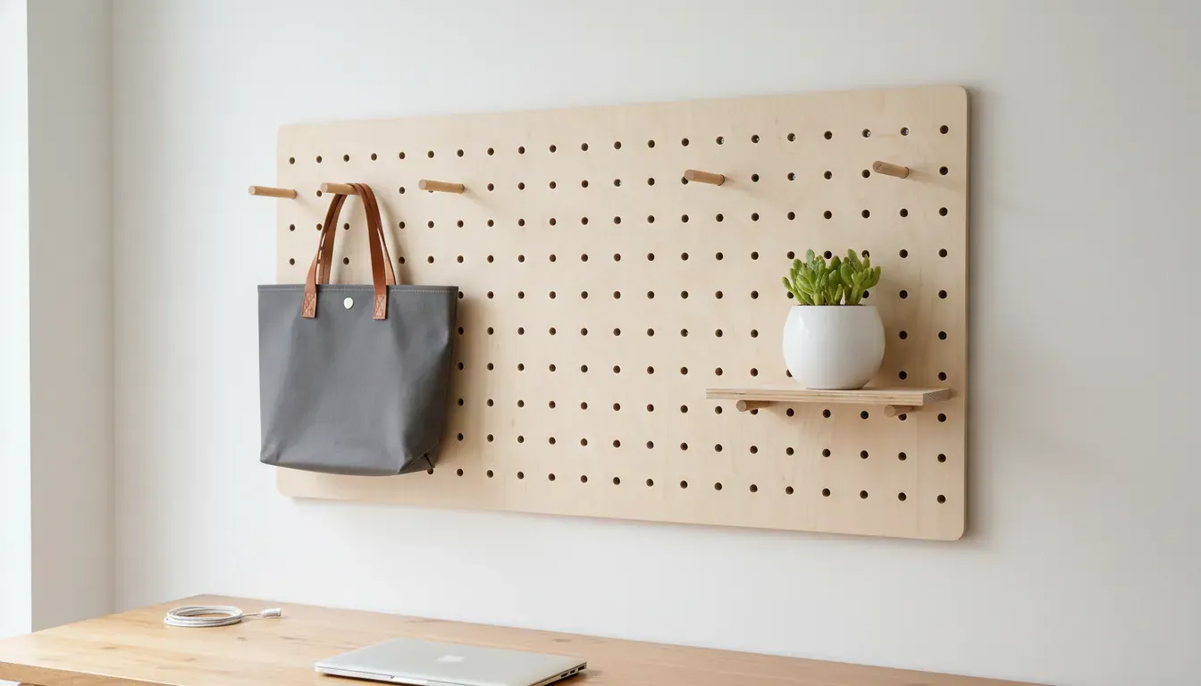 Minimalist plywood pegboard with wooden dowels holding a tote bag and a planter