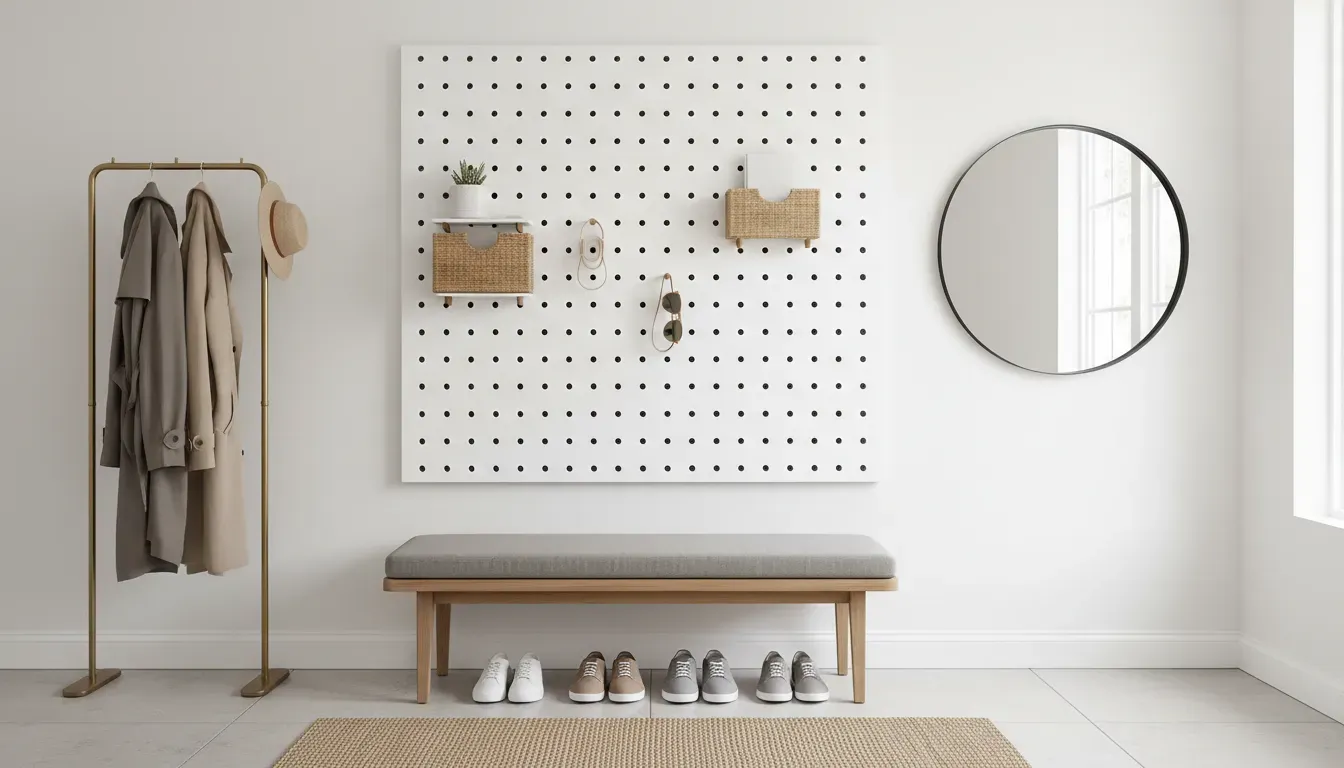 A perfectly organized entryway with a white pegboard, a bench, and shoes neatly aligned