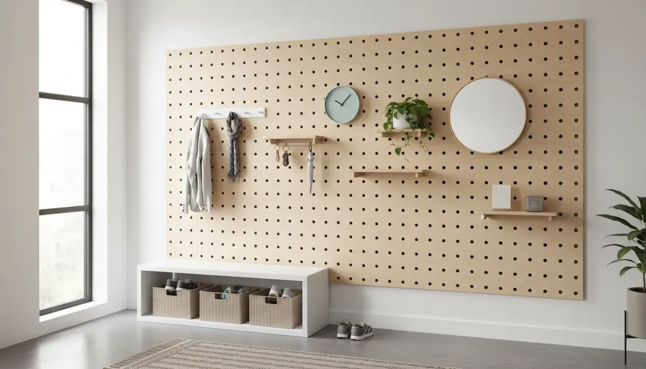 A modern, minimalist entryway featuring a large wooden pegboard organized with coats, hats, and plants in a small apartment setting.