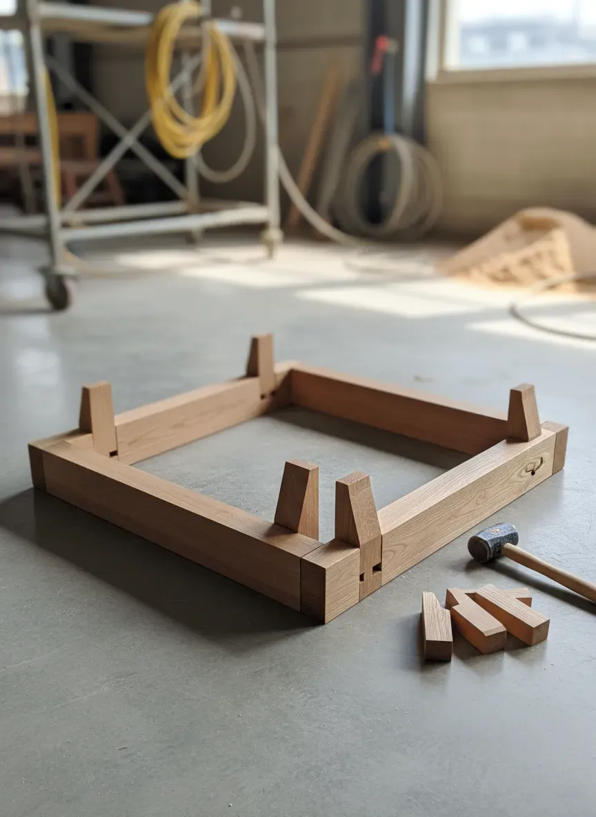 A flat-packed wooden workbench base utilizing tusk tenon joinery for rapid assembly on a job site