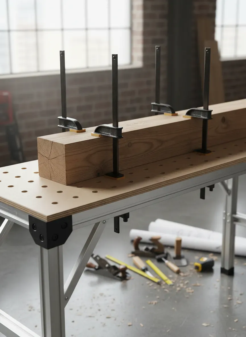 A contractor utilizing a commercially available folding workbench with integrated dog holes for clamping timber