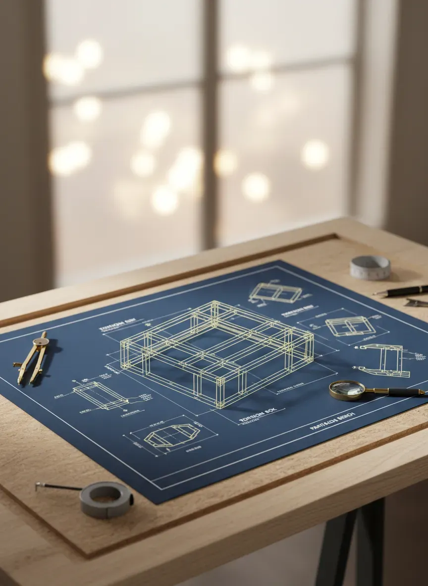 A highly detailed architectural blueprint showing the torsion box construction of a portable woodworking bench