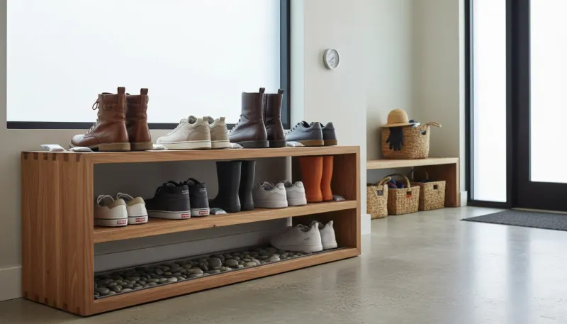 A pristine, well-organized entryway with a wooden shoe rack and moisture-absorbing plants.