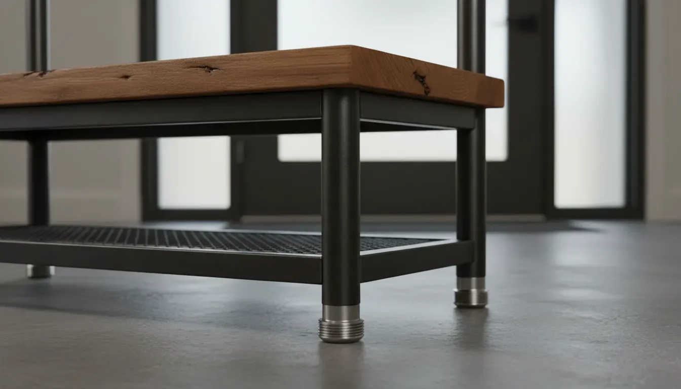 Detailed view of a metal and wood hall tree base showing adjustable feet and sturdy construction
