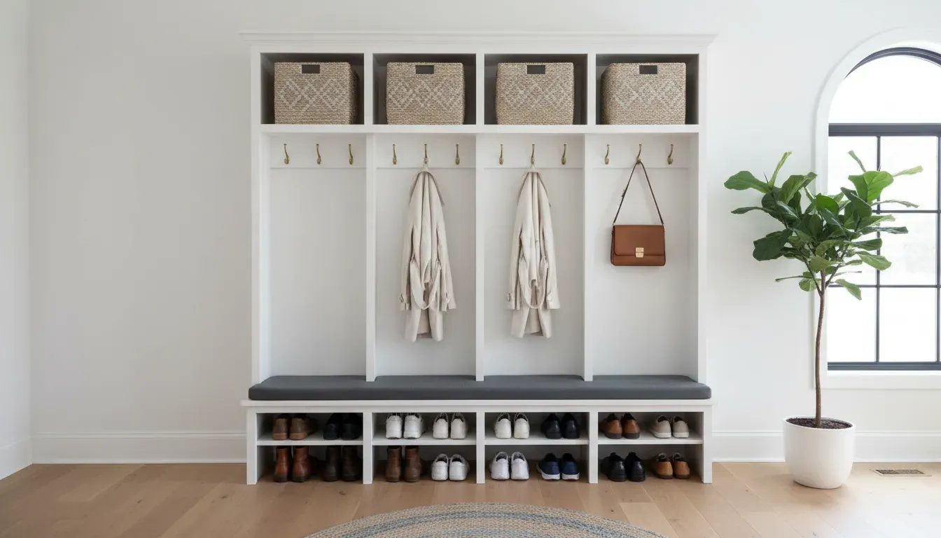 A perfectly organized hall tree with matching baskets on top shelves and shoes neatly aligned below