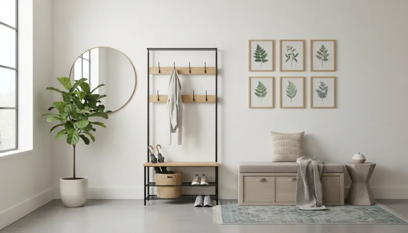 A modern, industrial-style freestanding hall tree organized with coats and shoes in a well-lit entryway.