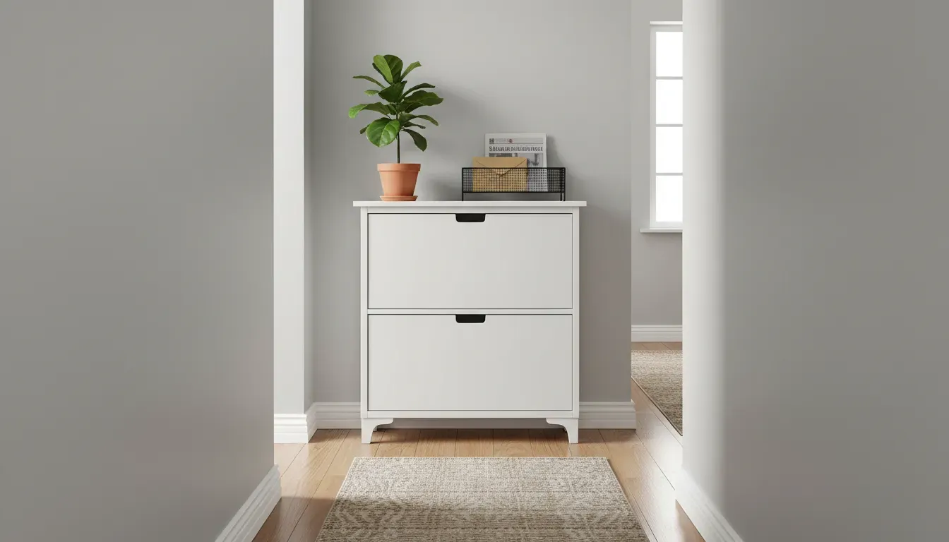 A slim white tipping shoe cabinet in a narrow hallway with a plant and mail tray on top