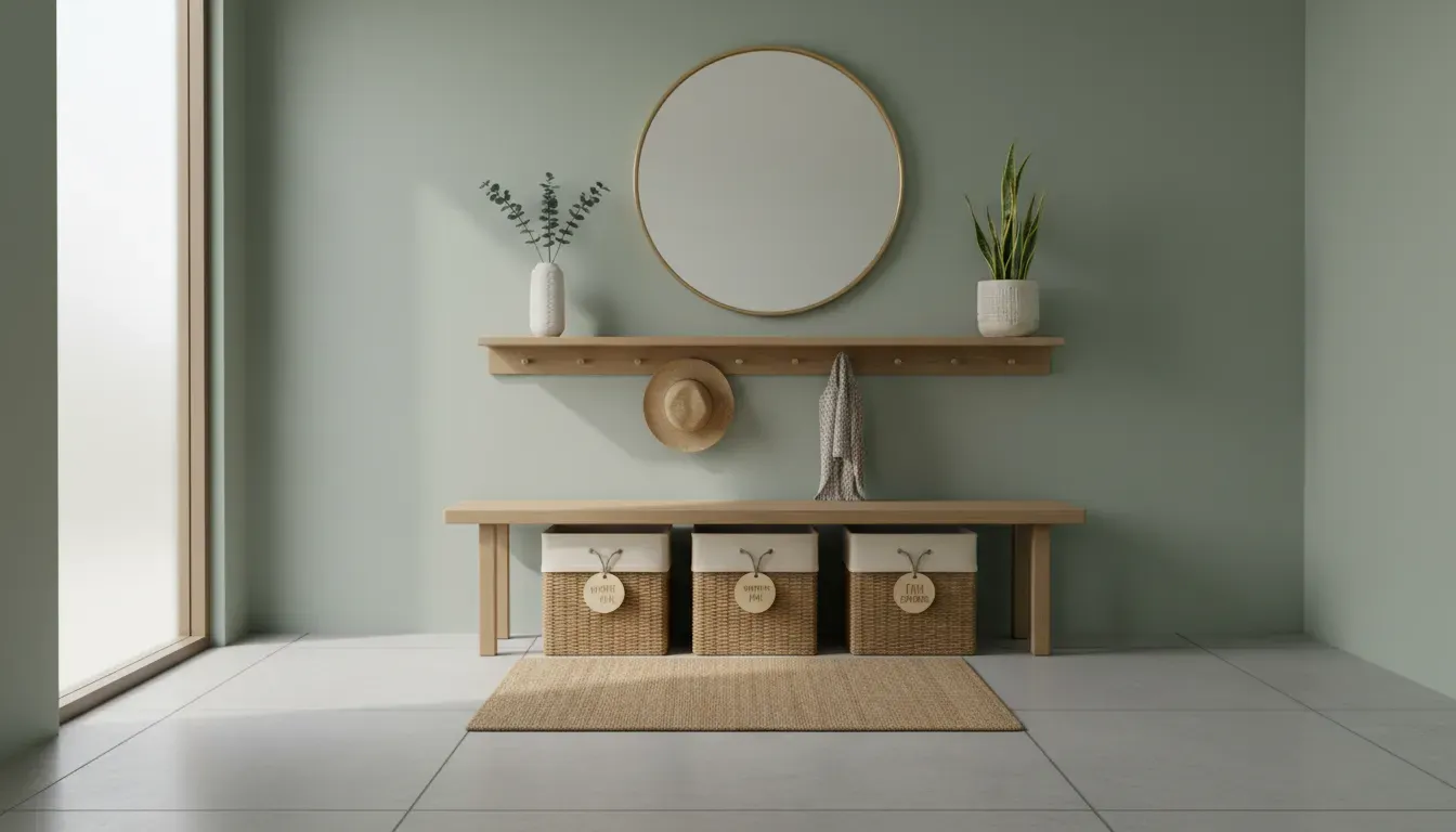 A tidy entryway with seasonal items organized in labeled bins and a clear floor area