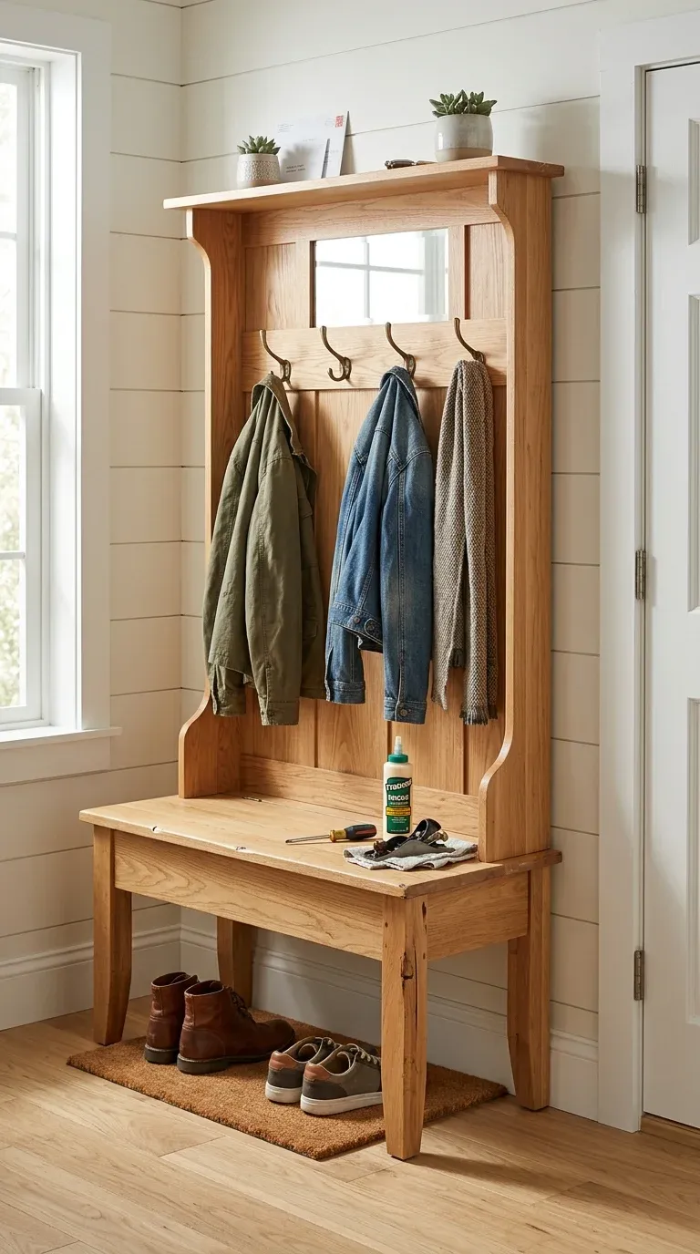 Original Photography: Real-world entryway setup with natural oak finish
