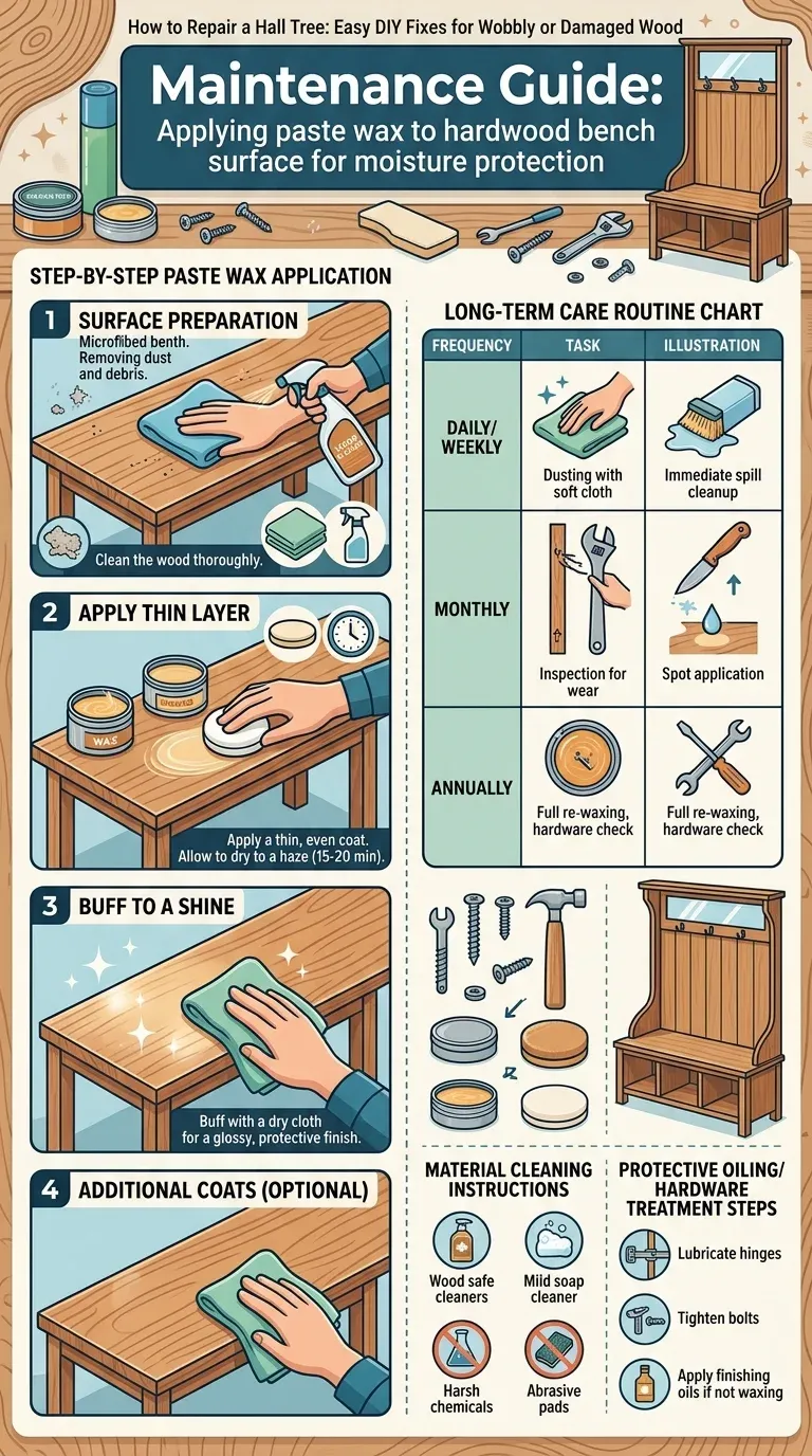 Maintenance Guide: Applying paste wax to hardwood bench surface for moisture protection