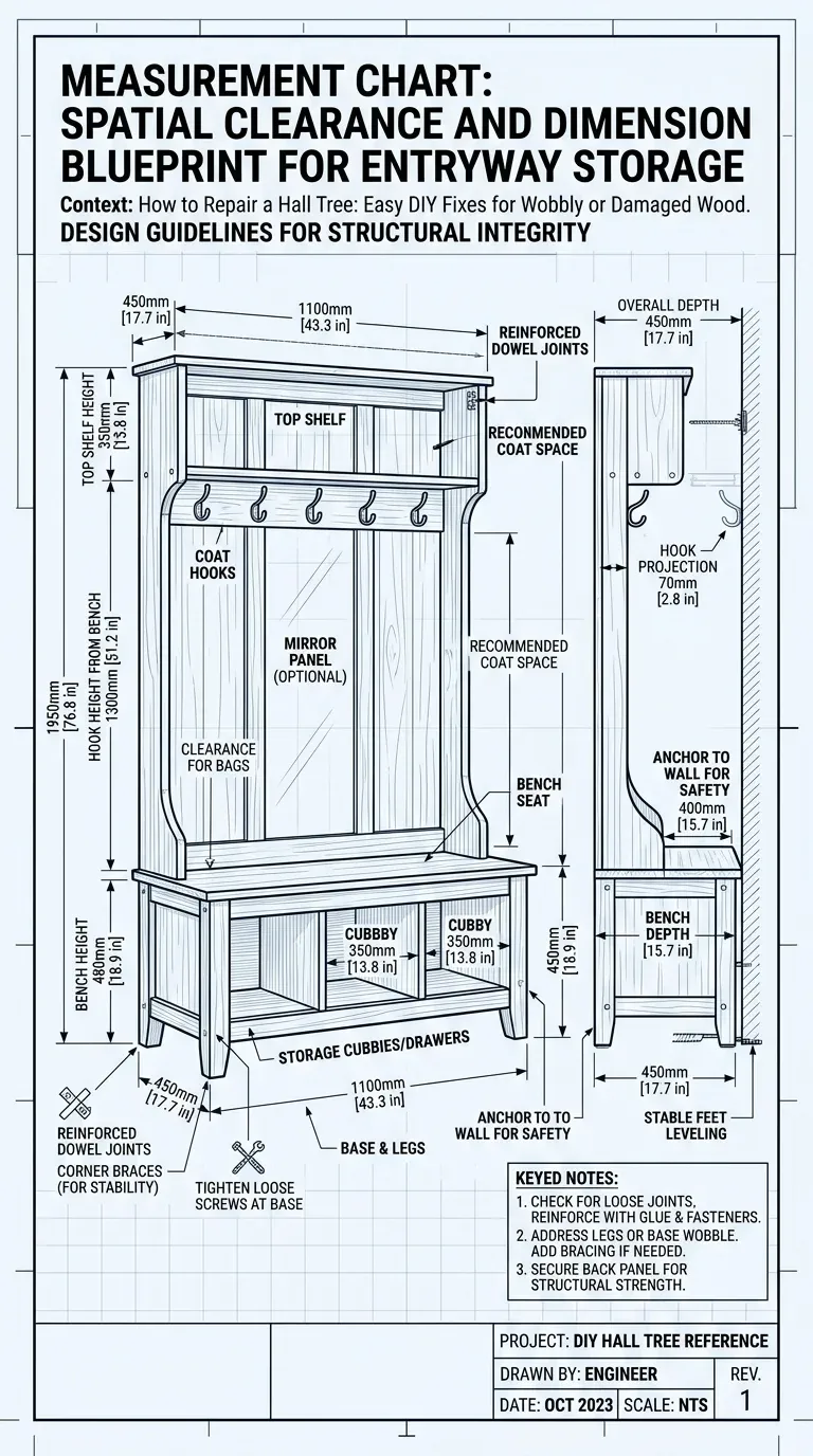 Measurement Chart: Spatial clearance and dimension blueprint for entryway storage